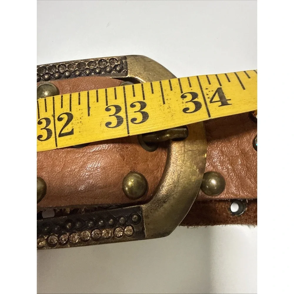 LeatheRock Womens Brown Leather Studded Rhinestone Belt Size M34 Boho Cowgirl
